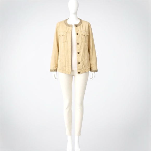 Avenue Khaki Denim Embellished Jewel Neck & Cuff Jacket - Picture 9 of 12